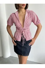 Önden Bağlamalı Çizgili Gömlek - Bordo Topshow