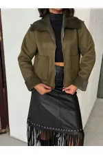 Topshow Süet Tavşan Lamine Toptan Mont - Haki | F2027