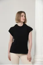 Topshow Siyah Omuzu Dantelli Toptan T-Shirt