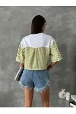 Topshow Fıstık Yeşili Çizgili Poplin Kollu Toptan T-Shirt