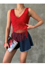 Bustier à col en V et jupe à franges rouge (vente en gros) | TOPSHOW