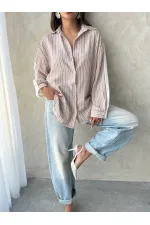 Çizgili Keten Gömlek - Kahve | Topshow | F1917