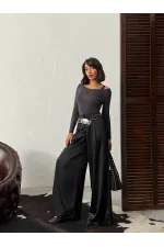 Yüksek Bel Bol Paça Saten Pantolon – Şık Ve Rahat Tasarım - Siyah | F2052