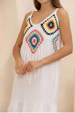 Topshow Krem Krem Saçaklı Uzun Toptan Elbise