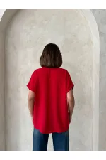 Topshow Kırmızı Keten Ham Cep Aplik Cepli Keten Toptan Gömlek