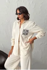 Topshow - Toptan Cebi Nakışlı Fitilli Kadife Gömlek - Krem