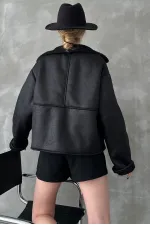 Manteau noir à col en fourrure nubuck (vente en gros) | TOPSHOW | F1553