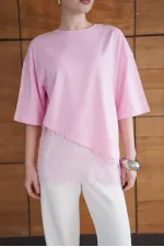 T-shirt asymétrique à détails en dentelle - Rose | D2953 - Topshow