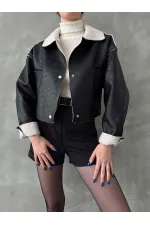 Nubuk Yakası Kürklü Toptan Mont - Siyah | TOPSHOW | F1577