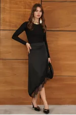 D 2951 LACE ASYMMETRICAL SKIRT - BLACK