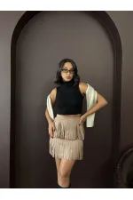 Jupe Topshow en daim scuba à franges - Vison | F2030