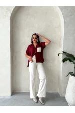 Aplike Cepli Keten Toptan Gömlek - Bordo | Topshow