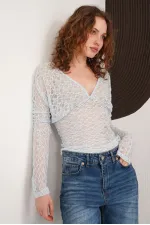 V Neck Guipure Wholesale Blouse - Blue | F2093 - Topshow