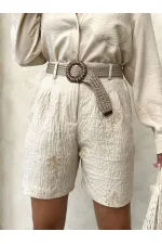 Kemer Detaylı Nakışlı Keten Şort - Taş | Topshow