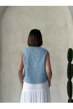 Kot Detaylı Önden Baglamalı Dantel Toptan Yelek   Ham Mavi | Topshow