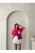 Topshow Fuşya Keten Ham Cep Aplik Cepli Keten Toptan Gömlek