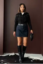 Chemise Topshow à franges en daim scuba - Noir | F2029