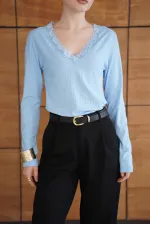 Yakası Dantel Detaylı Sweatshırt - Mavi | F2088 - Topshow