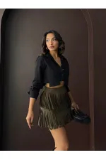 Topshow Tasseled Scuba Suede Skirt - Khaki | F2030