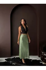 Topshow Haki Payetli Uzun Etek - Yüksek Bel, Şık Gece Elbisesi Kombini