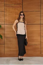 D 2931 LACE DETAILED STRAPLESS SATIN TUNIC - STONE