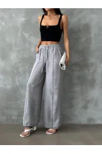 Pantalon droit en lin brodé - Gris | TOPSHOW | F1675