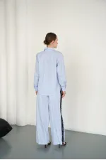 Lace Detail Striped Wholesale Trousers - Blue | F2083 - Topshow