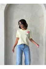 Çiçek Detaylı Tişört - Sarı | Topshow