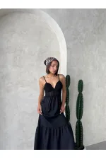 Robe longue Topshow en lin noir à bretelles et col en V, vente en gros