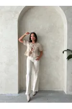 Önden Bağlamalı Nakışlı Toptan Bluz - Taş | Topshow