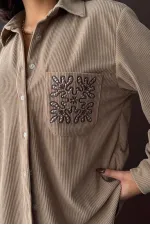 Topshow Embroidered Corduroy Shirt with Pocket - Mink | F1997