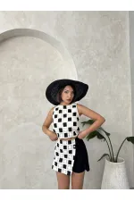 Dantel Detaylı Kare Desen Şort Toptan Etek - Siyah Siyah | Topshow