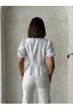 Önden Bağlamalı Nakışlı Toptan Bluz - Krem | Topshow