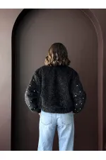 Topshow - Veste bomber en fausse fourrure (vente en gros) - Détails perles - Noire