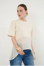 Embroidered Detail Crew Neck Wholesale T-Shirt - Raw | D2990 - Topshow