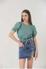 Topshow Zümrüt Beli Gipeli Pitikareli Toptan Bluz