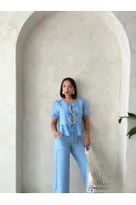 Önden Bağlamalı Nakışlı Toptan Bluz - Açık Mavi | Topshow