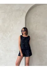 Fiyonk Taş Baskılı Kolsuz Bluz - Siyah | Topshow