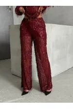 Pullu Tül Toptan Abiye Pantolon - Bordo | TOPSHOW | F1611