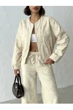 Çiçek Nakışlı Fermuarlı Ceket - Taş | Topshow | F1948