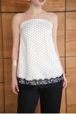 Polka Dot Lace Detail Satin Bustier - Cream | D2963 - Topshow