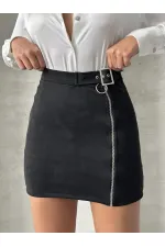 Süet Fermuarlı Toptan Etek - Siyah | TOPSHOW | F0121
