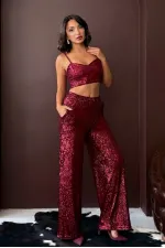 Topshow - Wholesale Sequined Wide Leg Women's Trousers - Elegant Night Outfit - Burgundy