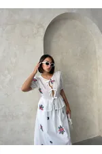 Nakışlı Vual Önden Bağlamalı Bluz - Krem - D2881 | Topshow