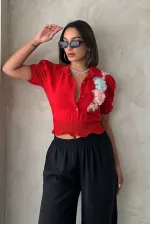 Chemise en lin rouge à fleurs Topshow en gros