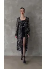 Uzun Toptan Hırka - Siyah Gümüş | TOPSHOW | F1618