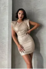 Işıltılı Pul İşlemeli, Arka Dekolteli, Mini Gece Elbisesi - Taş | TOPSHOW | F1867