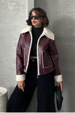 Veste en cuir zippée en gros - Rouge bordeaux crème | TOPSHOW | F1511