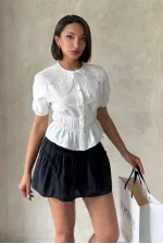 Gathered Shirt with Collar Detail - Cream | Topshow