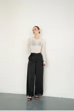 Pantalon en satin noir à ourlet en dentelle (vente en gros) | D2969 - Topshow